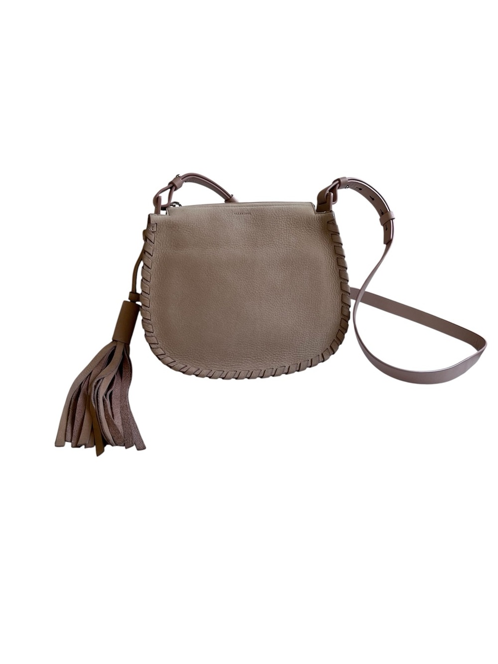AllSaints Tan Mori Lea Leather Crossbody bag with Tassel Detail